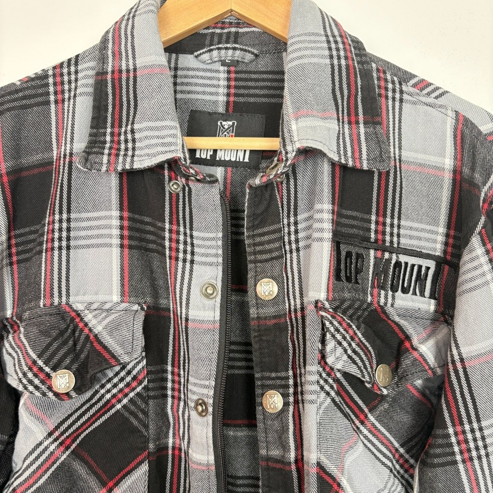 Top Mount Mens Full Zip Snap Grappler Flannel Shirt Size L Black Red Plaid Biker - Picture 14 of 16